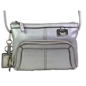 Tignanello SILVER GENUINE LEATHER ORGANIZER X-BODY SHOULDER BAG HANDBAG PURSE